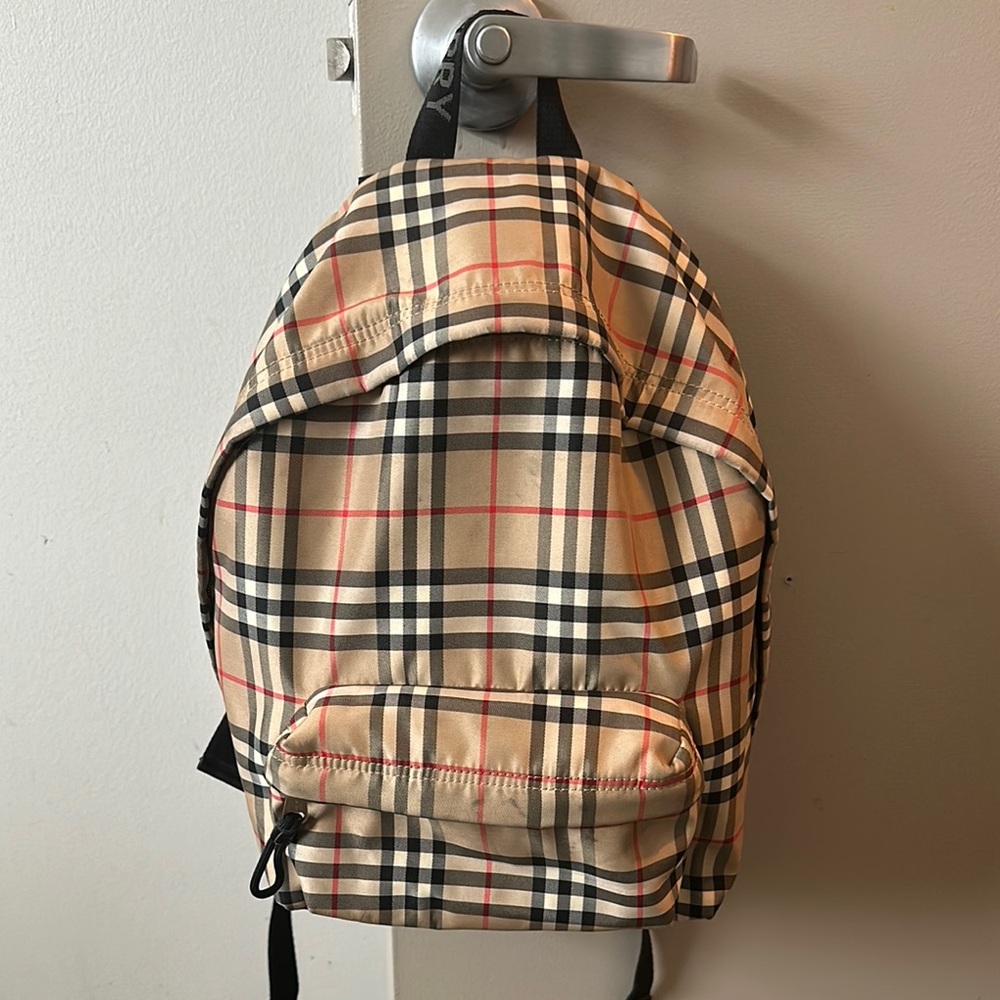Burberry Cream Backpack with Plaid Design and Adjustable Straps